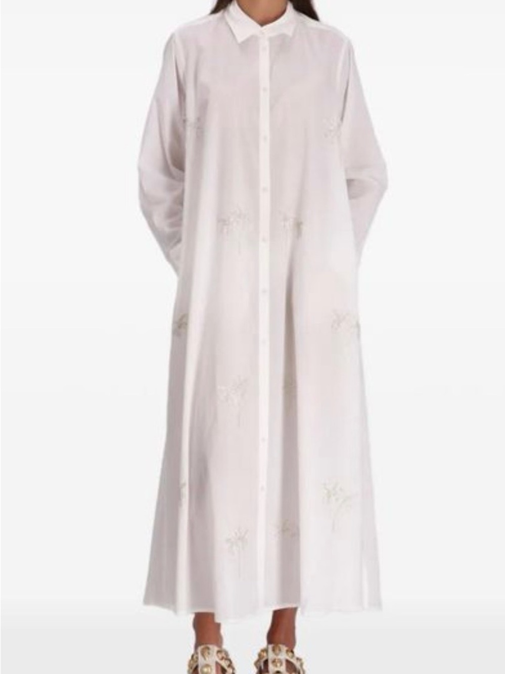 Cream Embroidered Palm-Print Maxi Shirt Dress